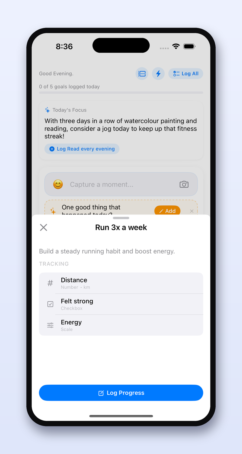 A real AI Coach-generated goal plan from a live UpLift Me account, with custom tracked fields including Distance, Felt Strong, and Energy.