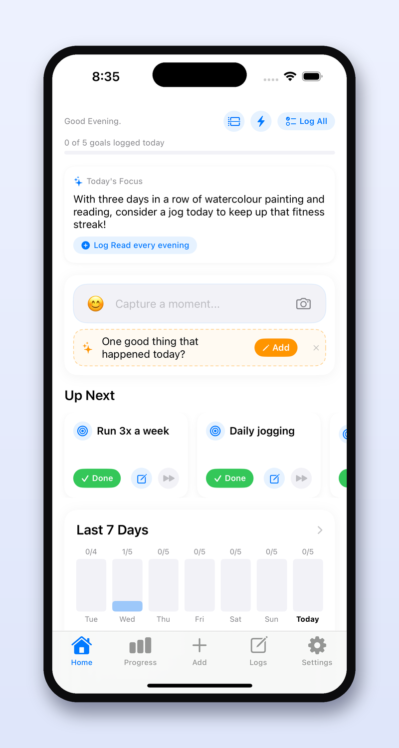 A real AI-generated 'Today's Focus' nudge from UpLift Me, referencing the user's actual three-day streak of watercolour painting and reading.