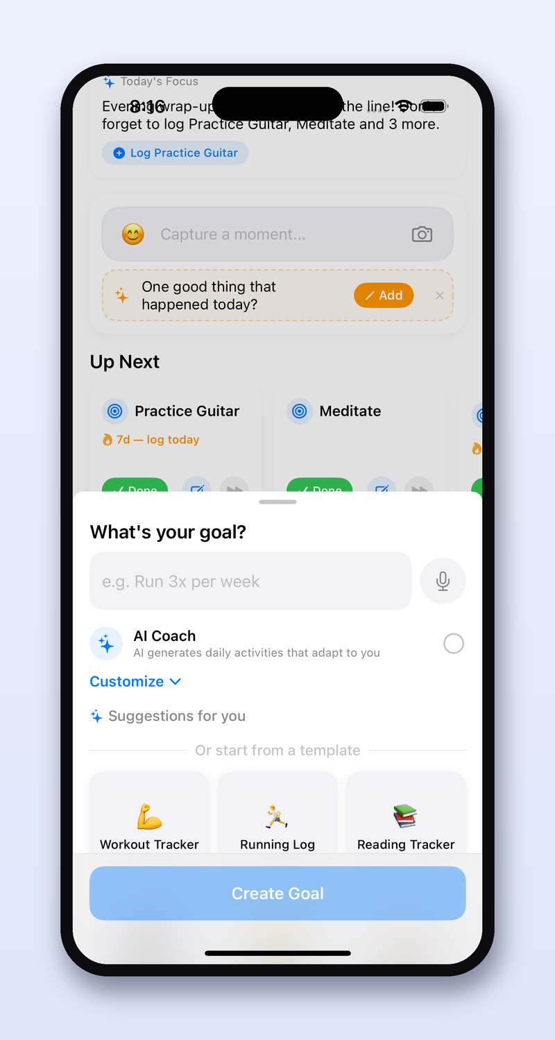UpLift Me's Create Goal screen, showing the AI Coach turning a one-sentence goal description into a full plan with tracking fields and milestones.