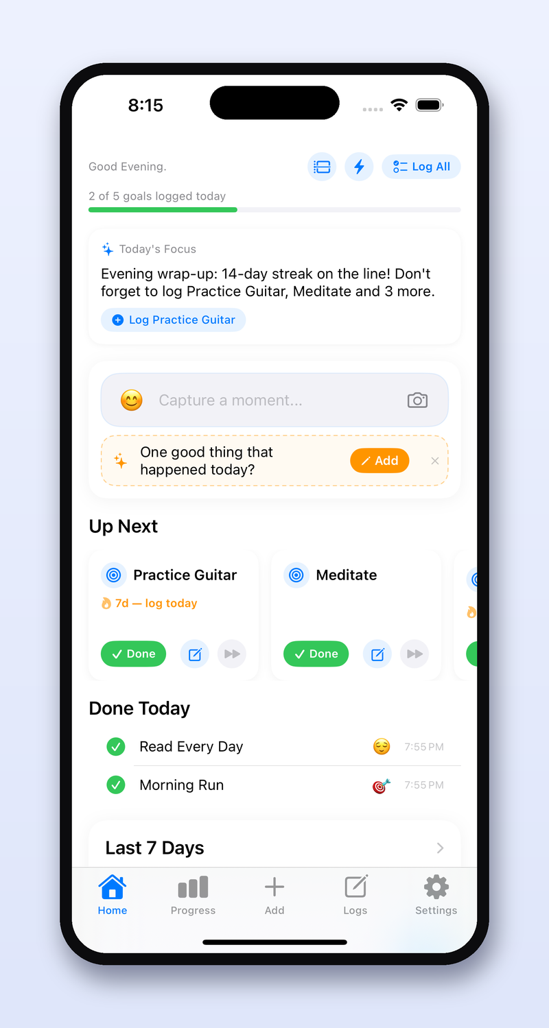 UpLift Me's home dashboard, showing today's progress bar and goal cards for Morning Run, Read Every Day, Drink More Water, Meditate, and Practice Guitar.