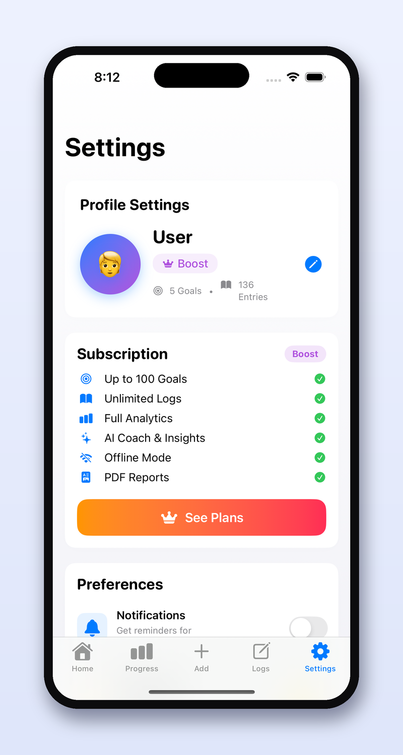 UpLift Me Settings screen on the Boost plan, showing AI Coach and Full Analytics unlocked.