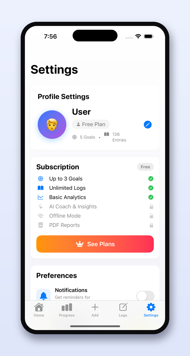 UpLift Me Settings screen on the Free plan, showing AI Coach, Offline Mode, and PDF Reports locked with a 'See Plans' upgrade prompt.