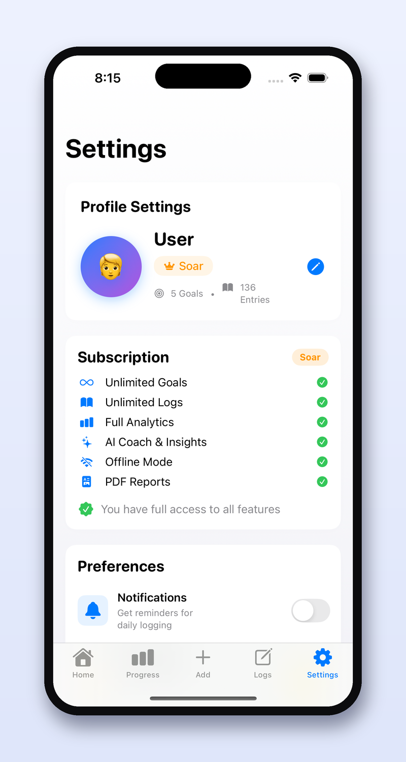 UpLift Me Settings screen on the Soar plan, showing every feature unlocked including unlimited goals and CSV export.